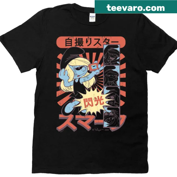 Vintage Smurfette t-shirt with Kanji text and cute graphics