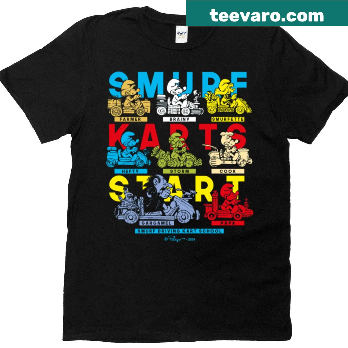 Vintage t-shirt with Smurf Karts and driving school logo graphics — on a men's t-shirt