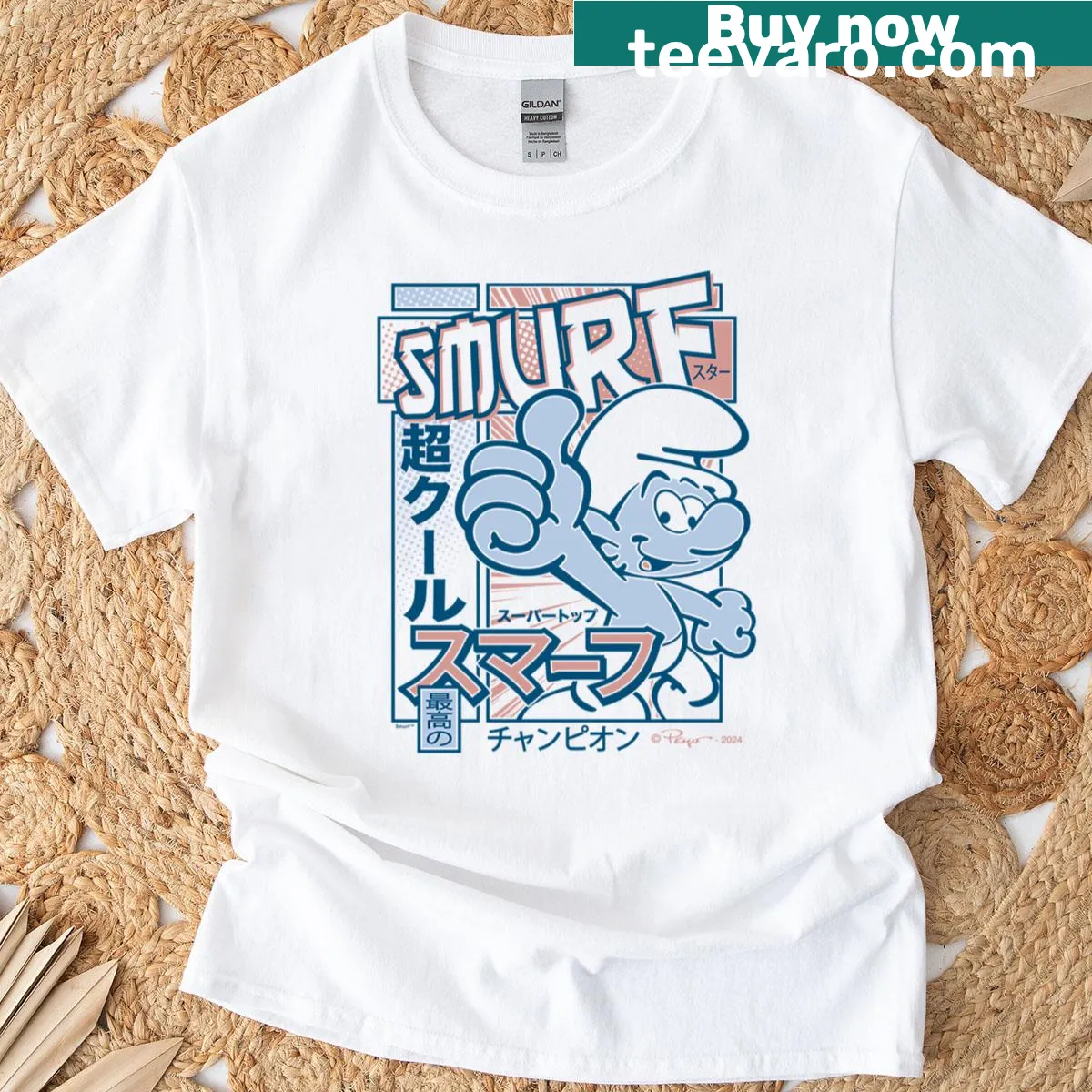Vintage Manga-style Smurfs T-shirt with a whimsical design of a Smurf character — on a men's t-shirt