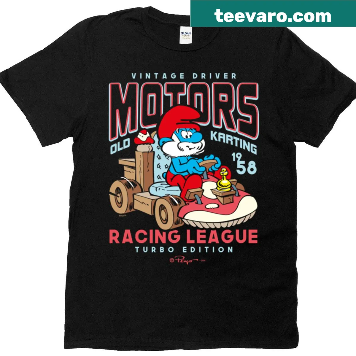 Vintage karting Papa Smurf logo t-shirt featuring nostalgic design — on a men's t-shirt