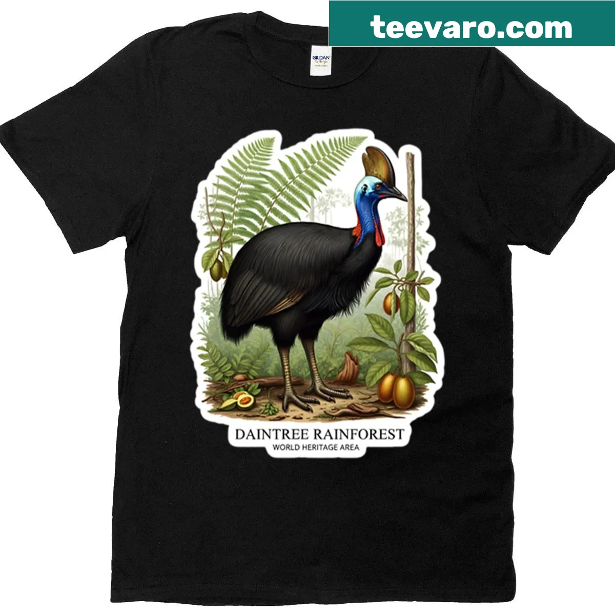 Vintage illustration T-shirt featuring a Southern Cassowary in a rainforest — on a men's t-shirt