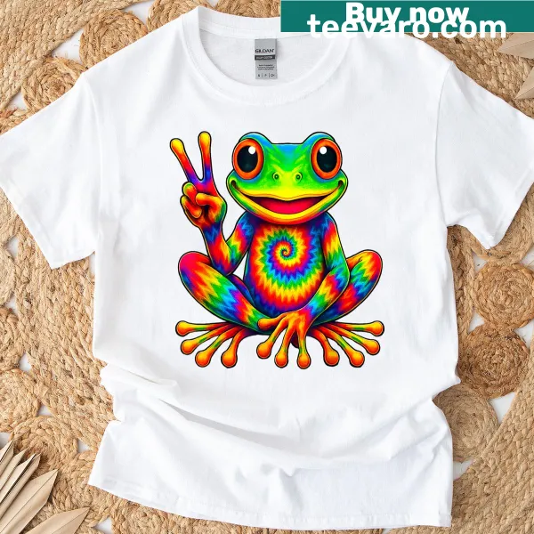 Cartoon frog making a peace sign on a fun T-shirt