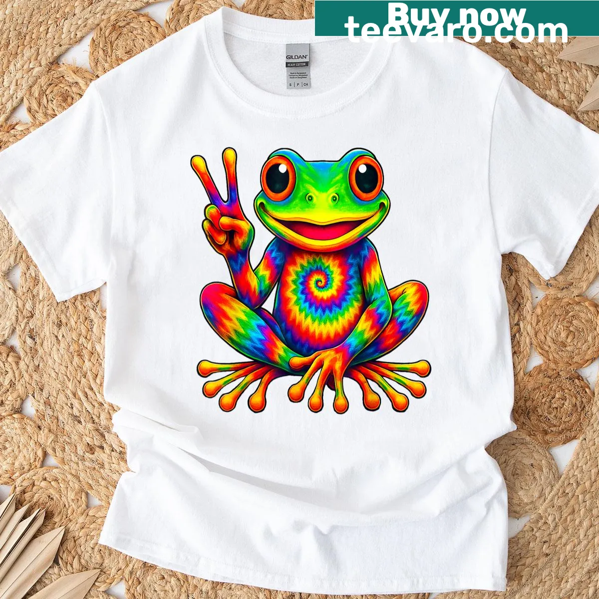 Cartoon frog making a peace sign on a fun T-shirt — on a men's t-shirt