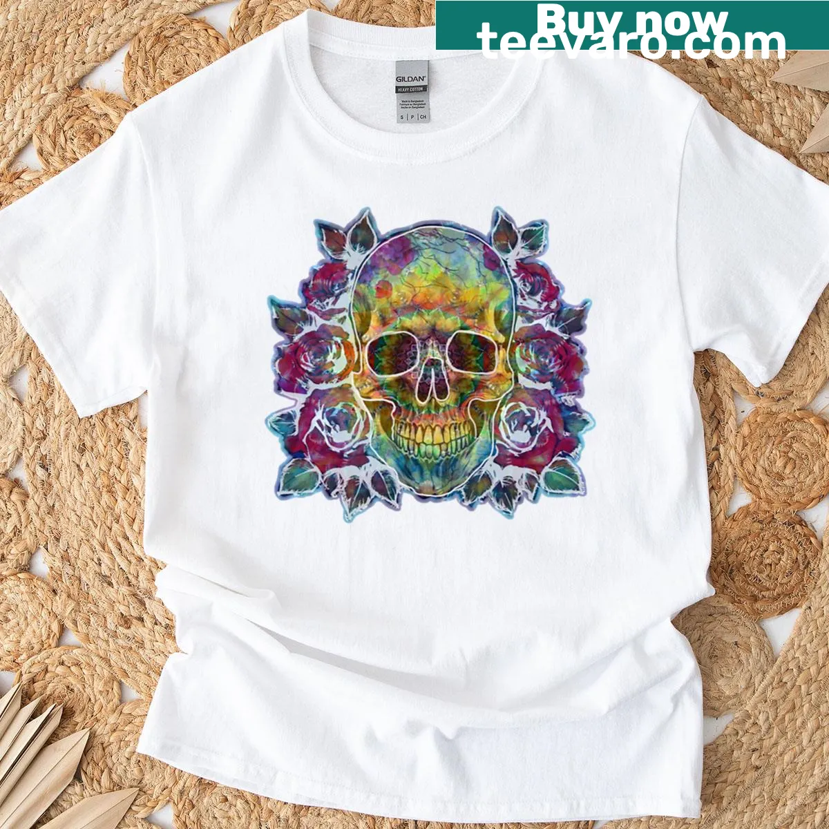 Oversized T-shirt with tie dye skull and roses graphic — on a men's t-shirt