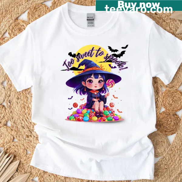Kawaii style witch graphic on Halloween themed t-shirt
