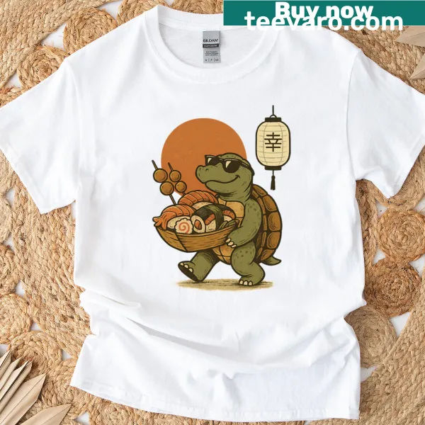 Cartoon turtle delivering sushi graphic t-shirt