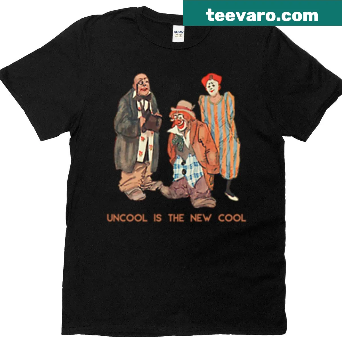 Funny T-shirt with 'Uncool Is The New Cool' clown graphic — on a men's t-shirt