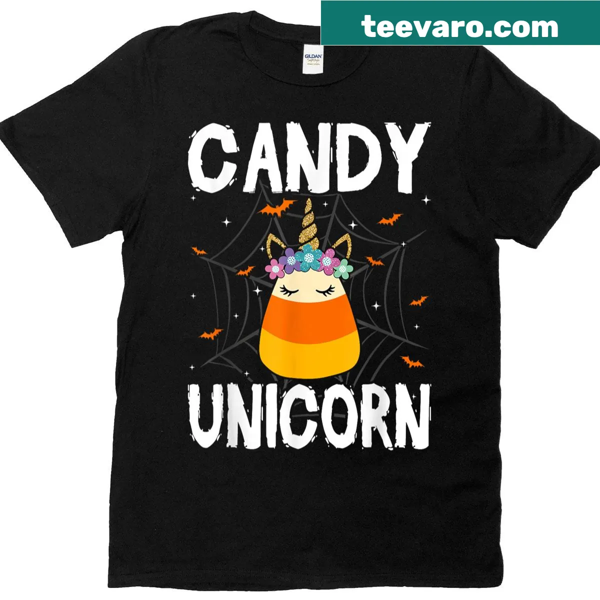 Cute Halloween T-shirt featuring a unicorn and candy corn illustration — on a men's t-shirt