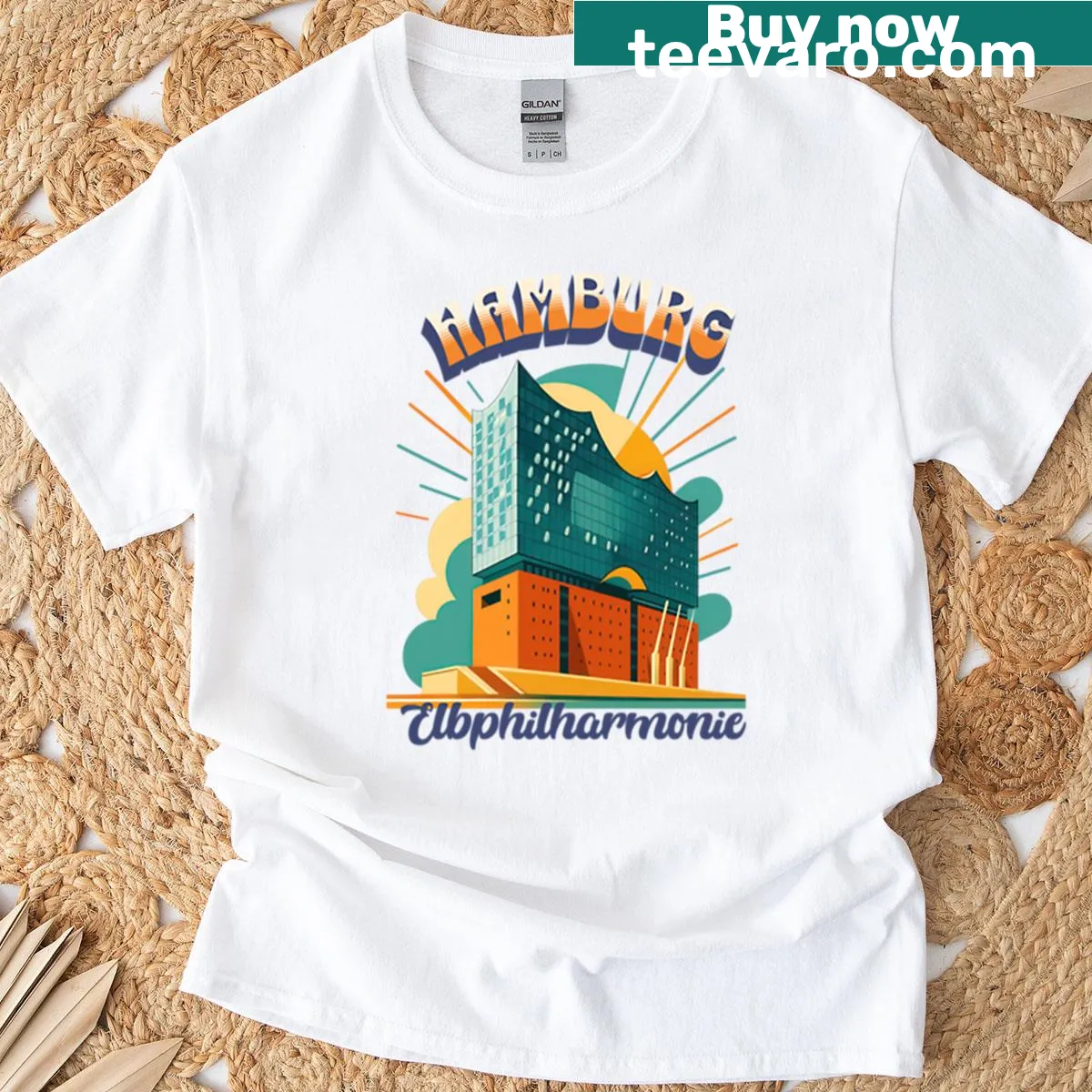 Oversized T-shirt featuring retro Elbphilharmonie graphic — on a men's t-shirt