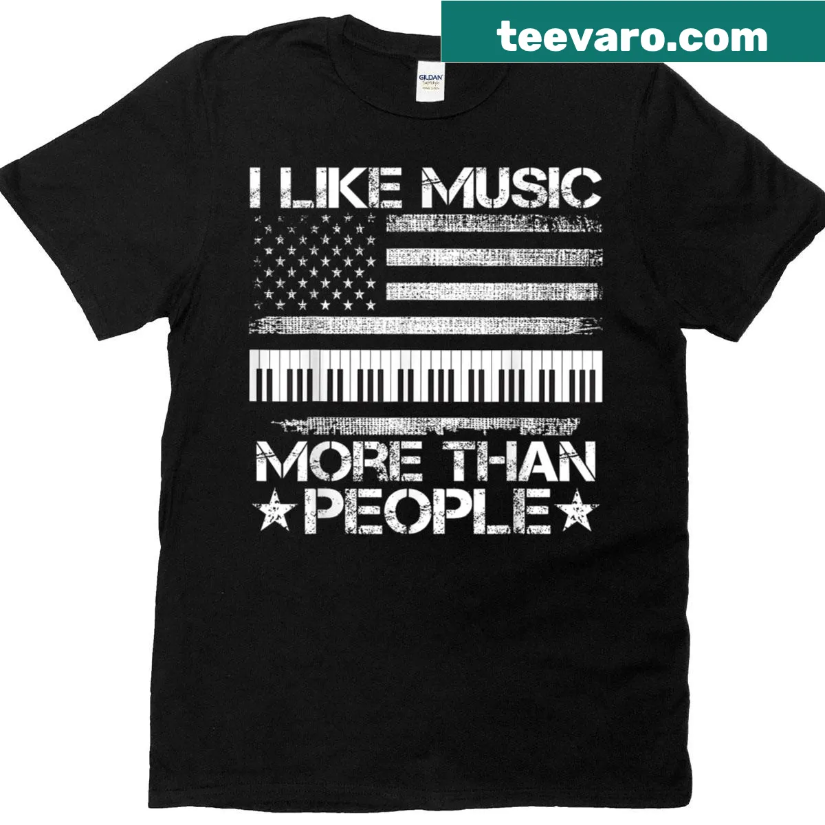 T-shirt for music lovers with a USA flag piano design — on a men's t-shirt