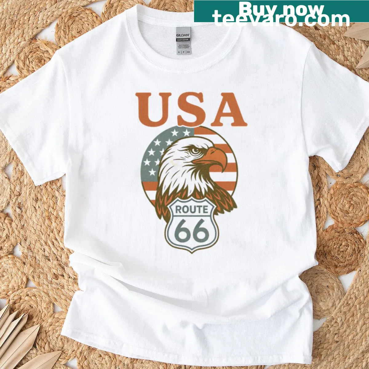 Vintage Route 66 t-shirt with bald eagle emblem — on a men's t-shirt