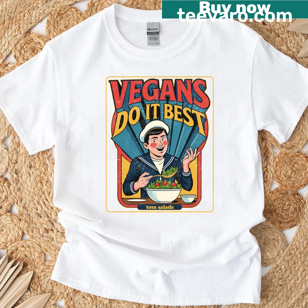 Retro vegan salad graphic with humorous text — on a men's t-shirt