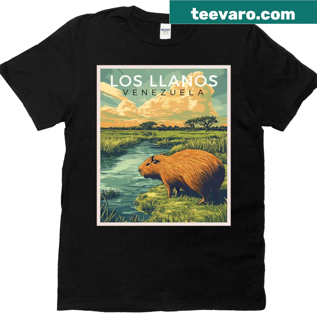 Vintage art travel t-shirt featuring Los Llanos landscape from Venezuela — on a men's t-shirt