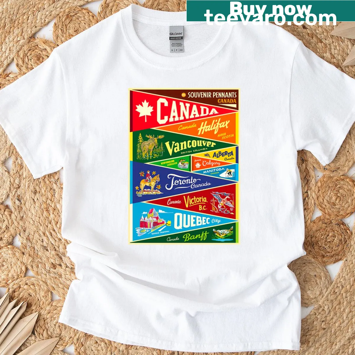 Illustrated vintage Canada souvenir pennants graphic — on a men's t-shirt