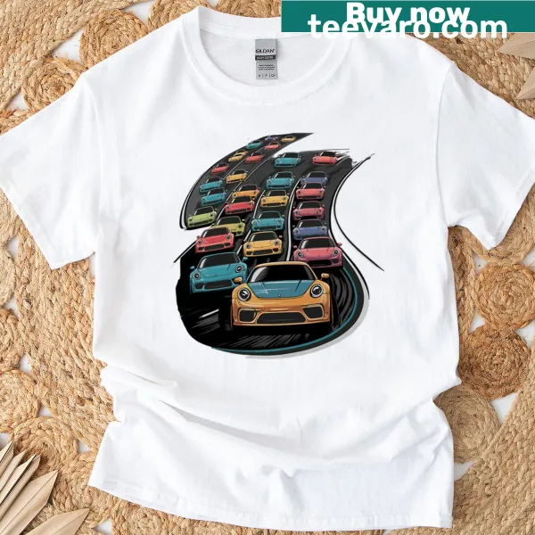 Vintage-inspired graphic t-shirt featuring classic race cars