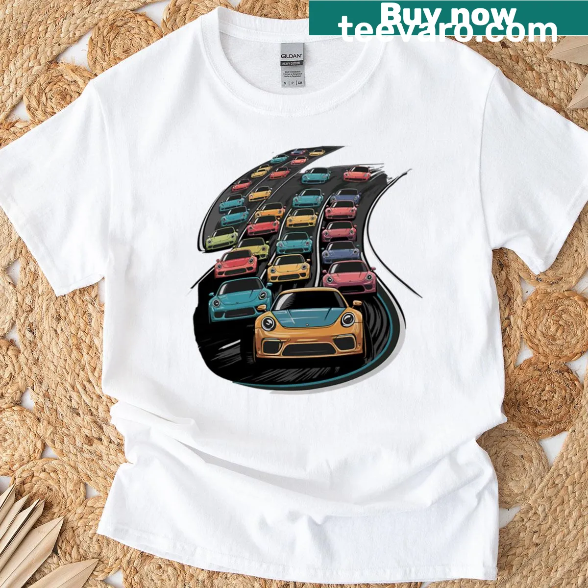 Vintage-inspired graphic t-shirt featuring classic race cars — on a men's t-shirt
