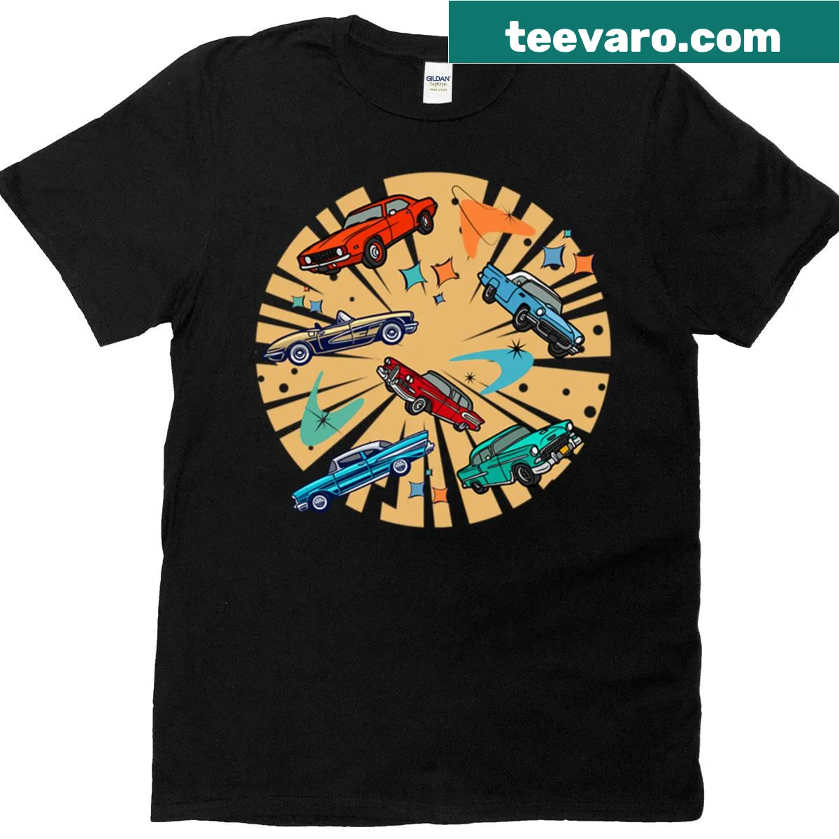Vintage graphic of classic cars on a distressed t-shirt — on a men's t-shirt