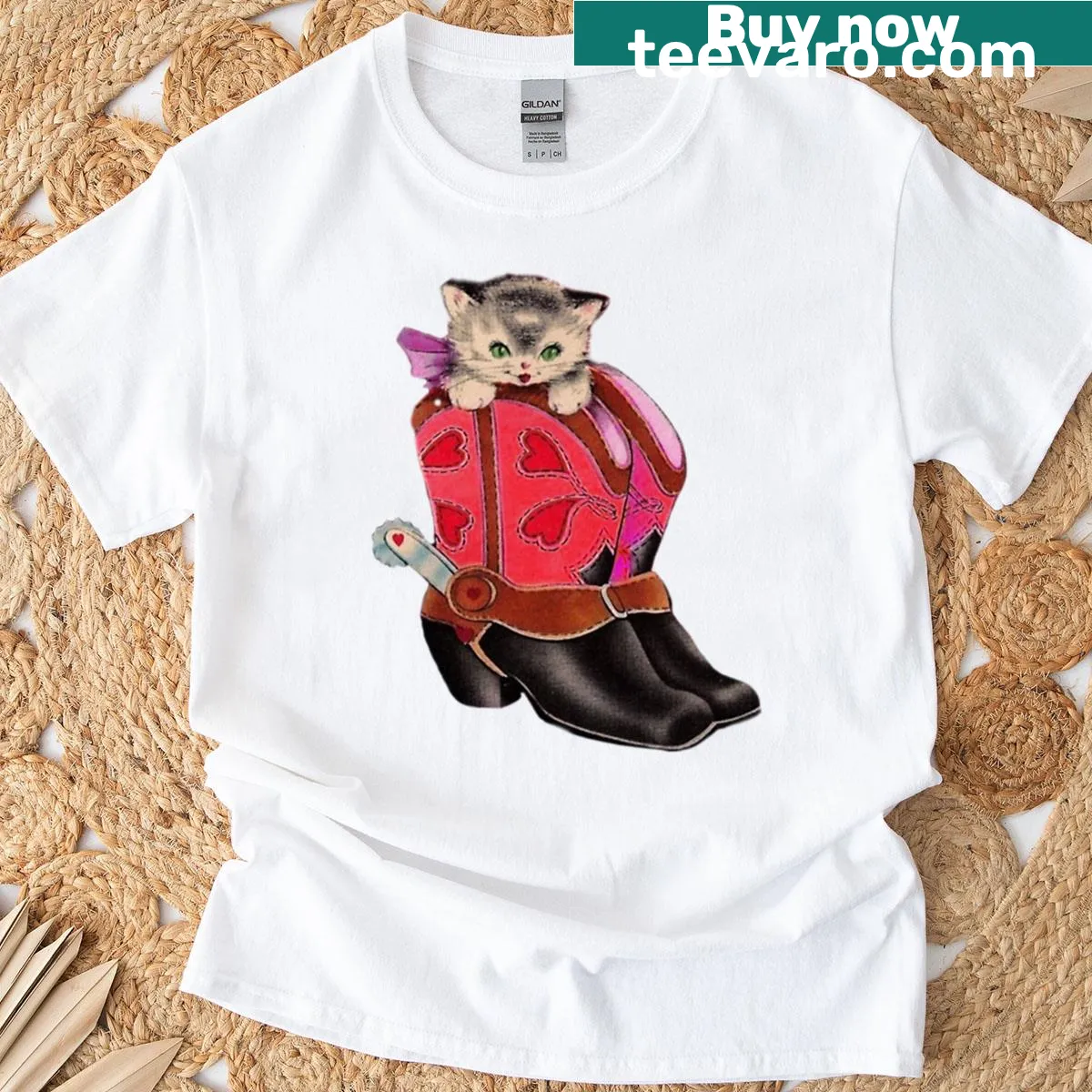 Playful vintage design of a cat wearing cowboy boots — on a men's t-shirt