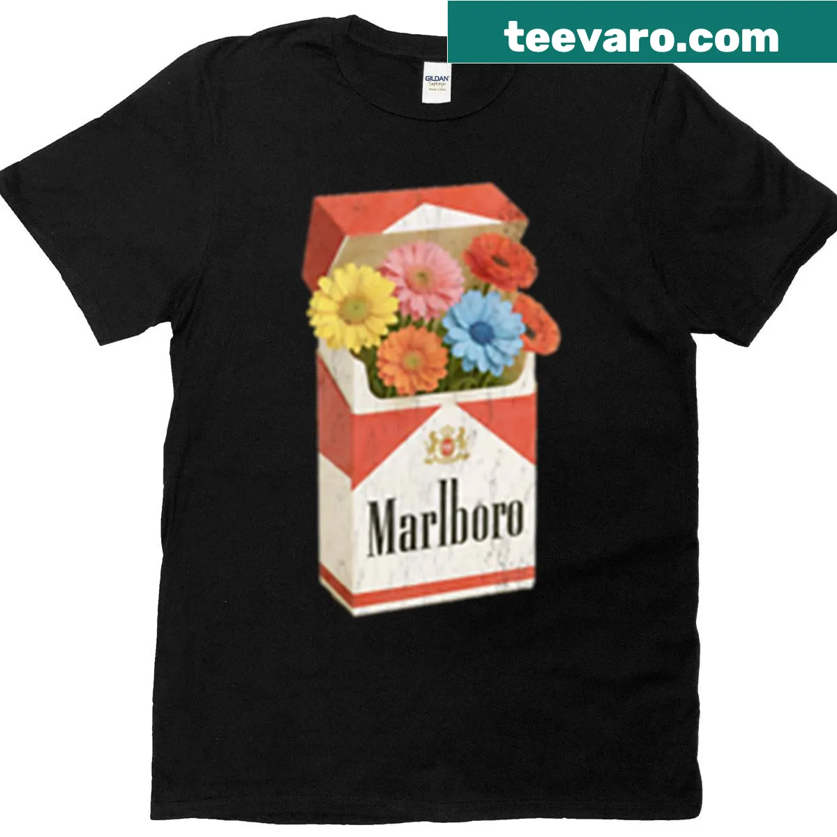 Surreal art t-shirt featuring vintage cigarette pack and blooming flowers — on a men's t-shirt