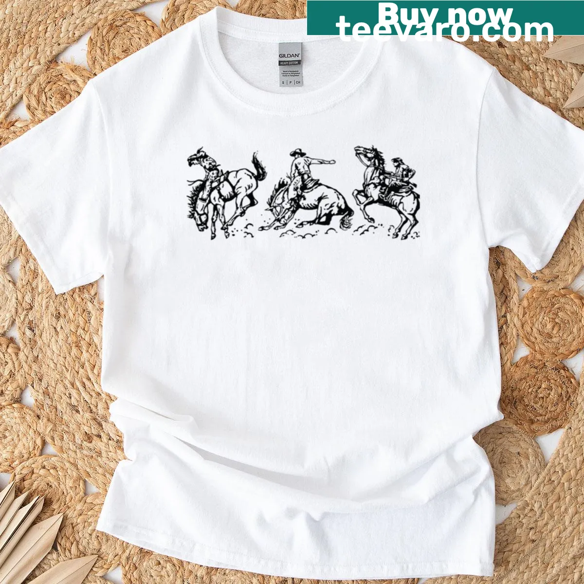 Vintage cowboy-themed fitted scoop t-shirt — on a men's t-shirt