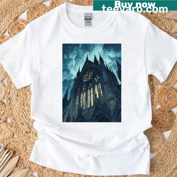 T-shirt featuring an illustration of gothic architecture
