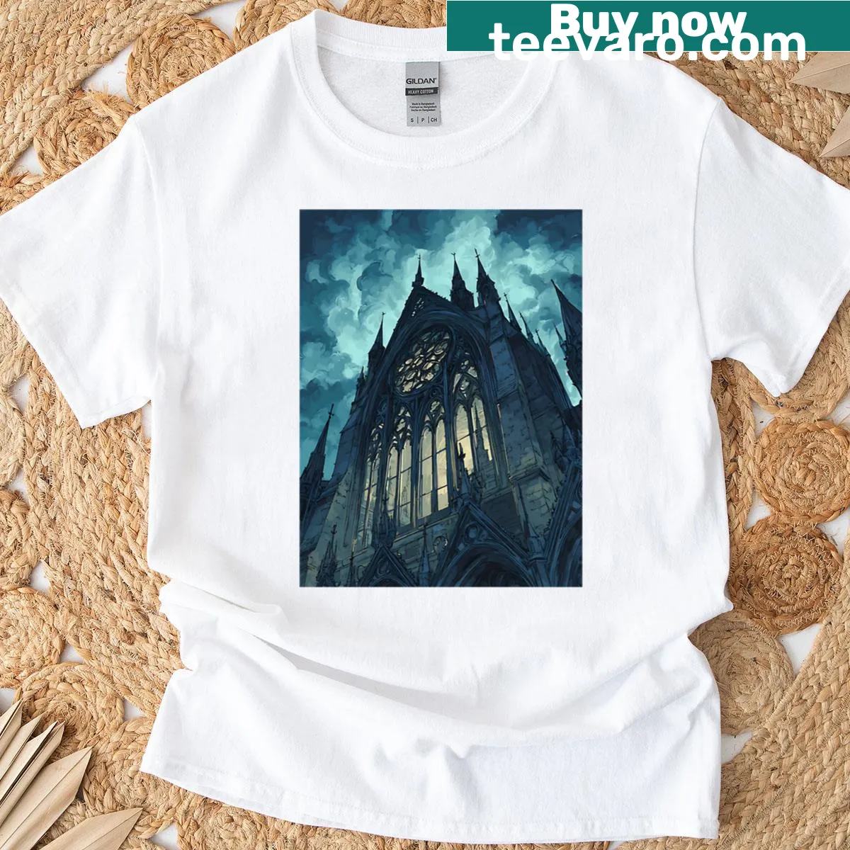T-shirt featuring an illustration of gothic architecture — on a men's t-shirt