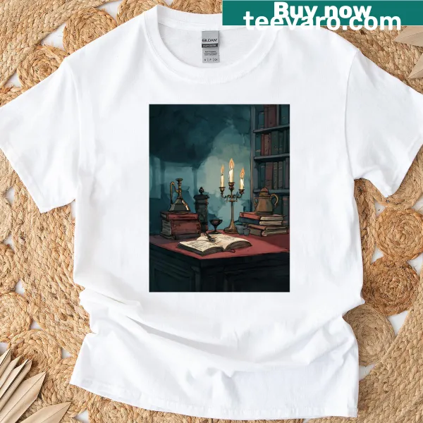 Vintage-inspired T-shirt with typography reflecting dark academia.