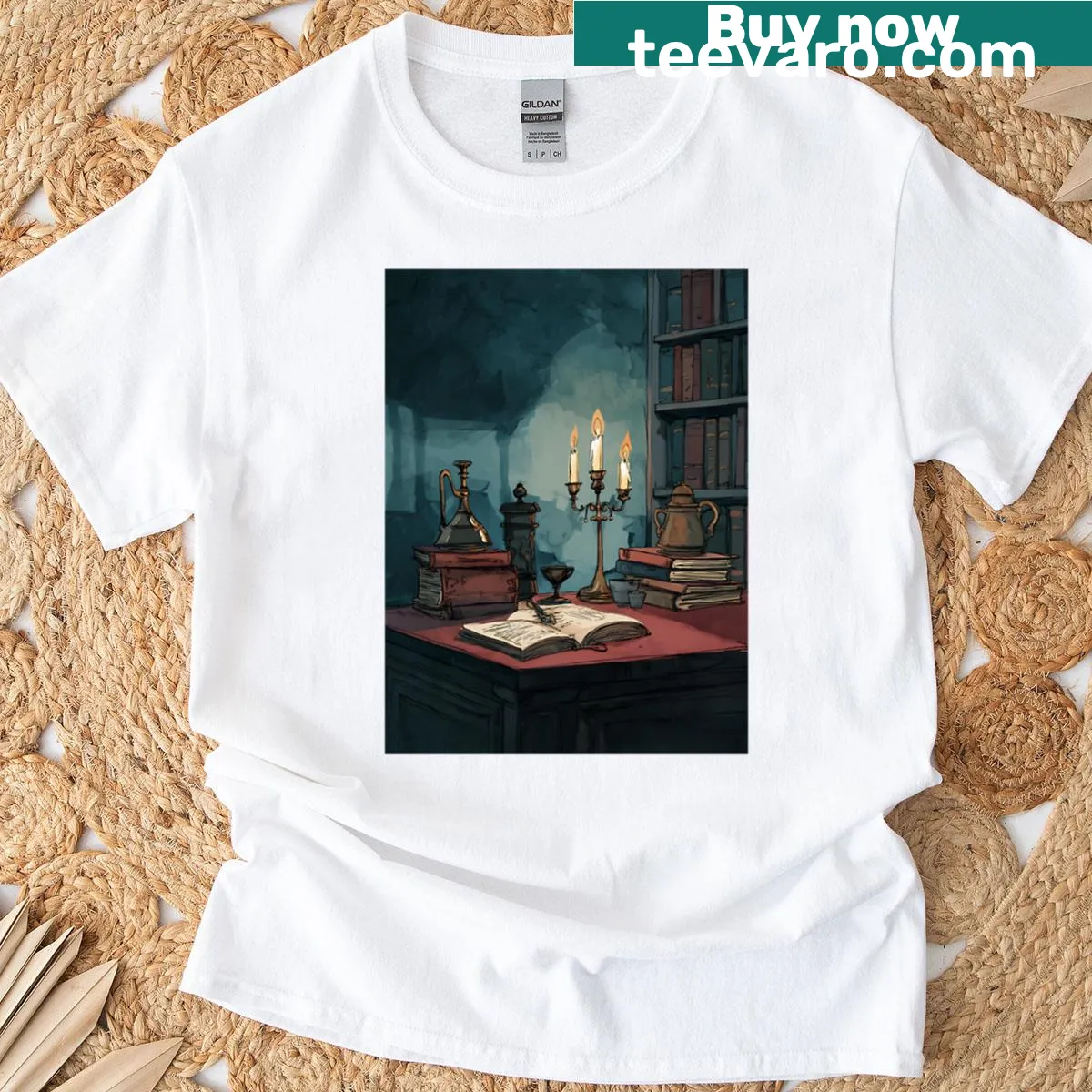 Vintage-inspired T-shirt with typography reflecting dark academia. — on a men's t-shirt