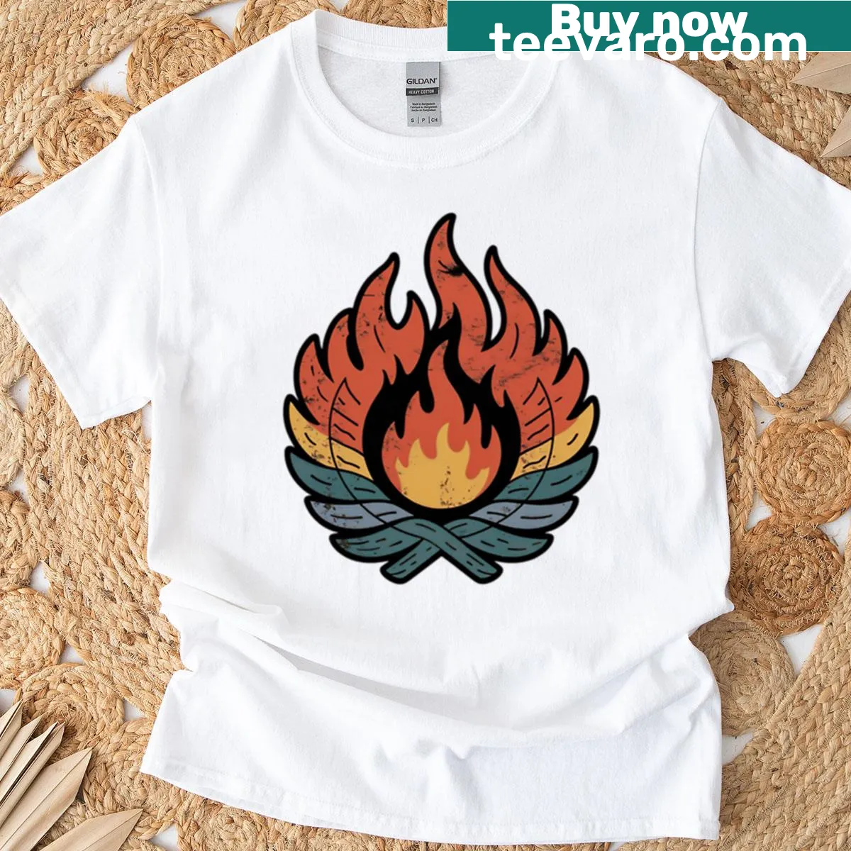 T-shirt with a vintage emblem of flames and green leaves — on a men's t-shirt