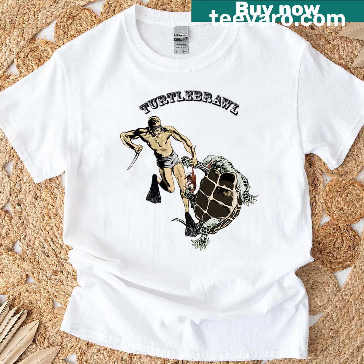 Whimsical underwater scene with a diver and turtle on a T-shirt — on a men's t-shirt