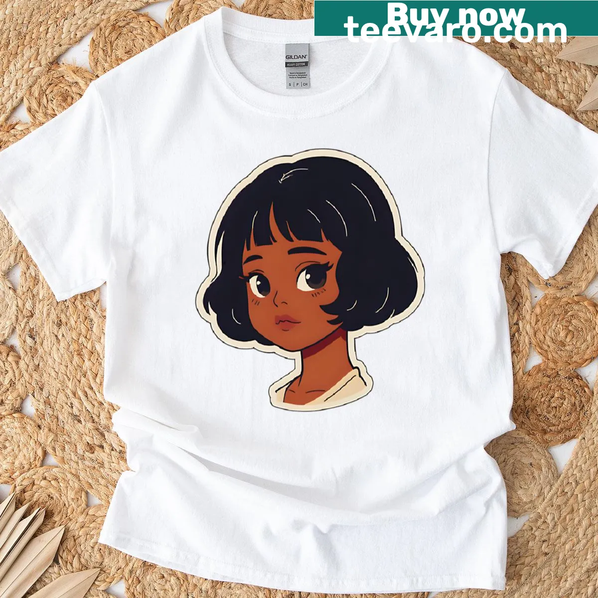 Vintage T-shirt with a glowing graphic of a black anime girl with bob bangs — on a men's t-shirt