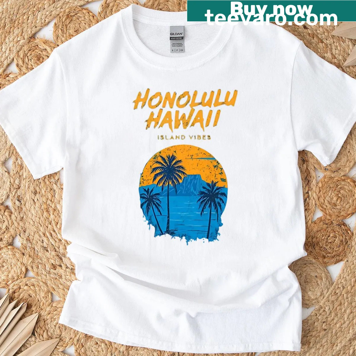 Vintage-inspired Hawaii T-shirt with a tropical sunset design — on a men's t-shirt