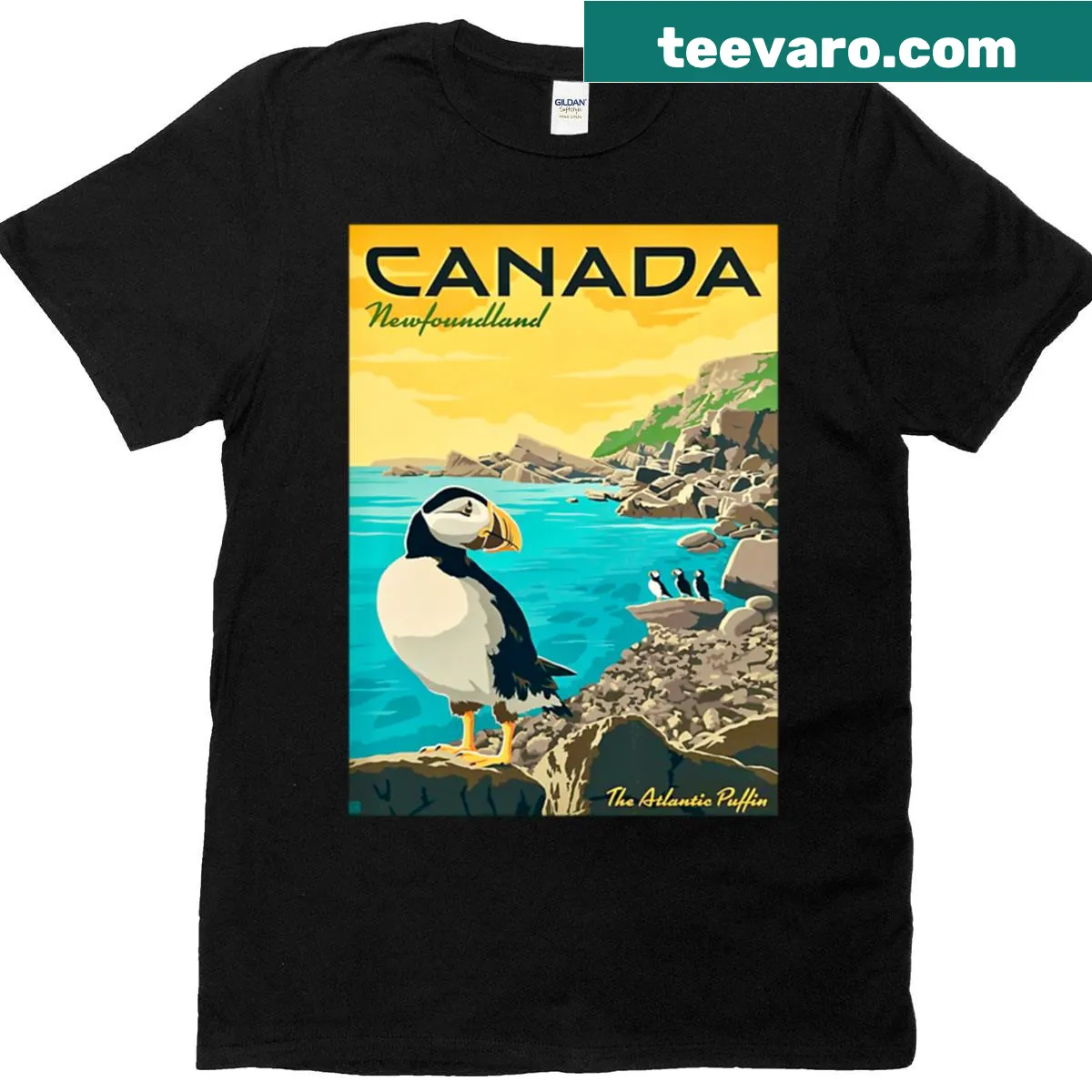 Vintage Newfoundland T-shirt featuring a puffin design for travelers. — on a men's t-shirt