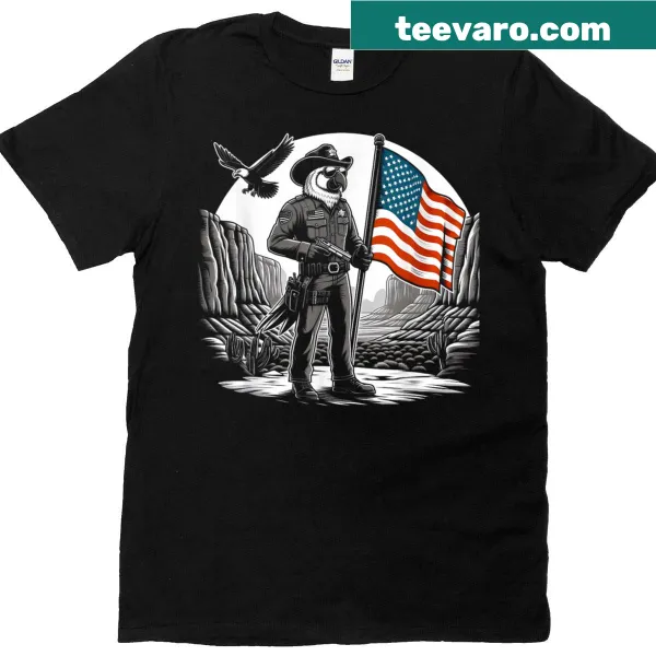 Vintage parrot graphic on American flag background, cowboy theme