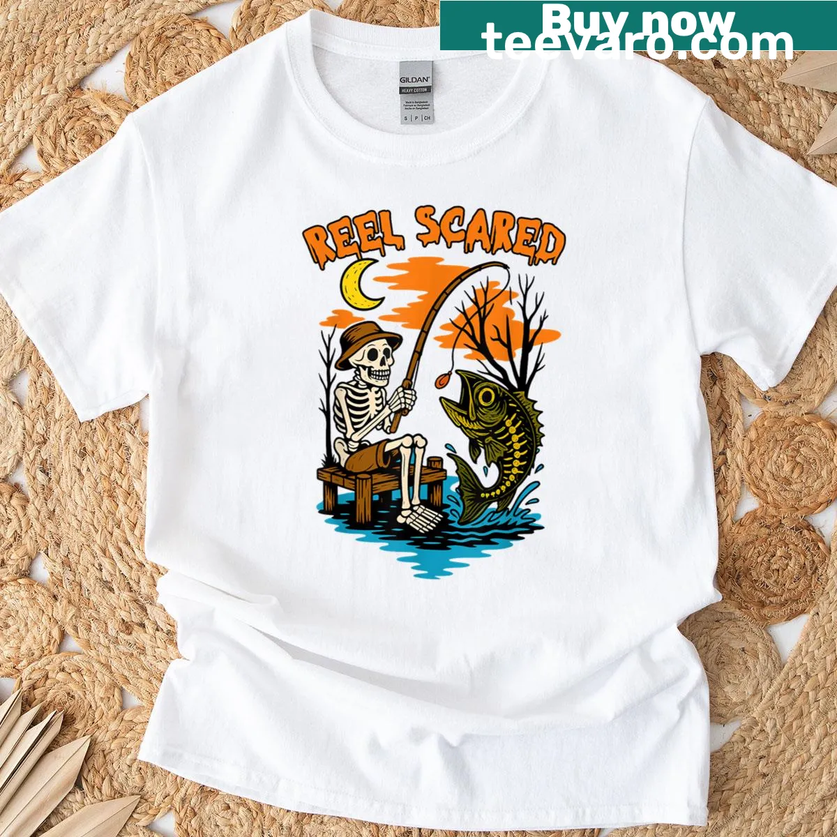 Vintage fishing skeleton T-shirt with Halloween theme — on a men's t-shirt