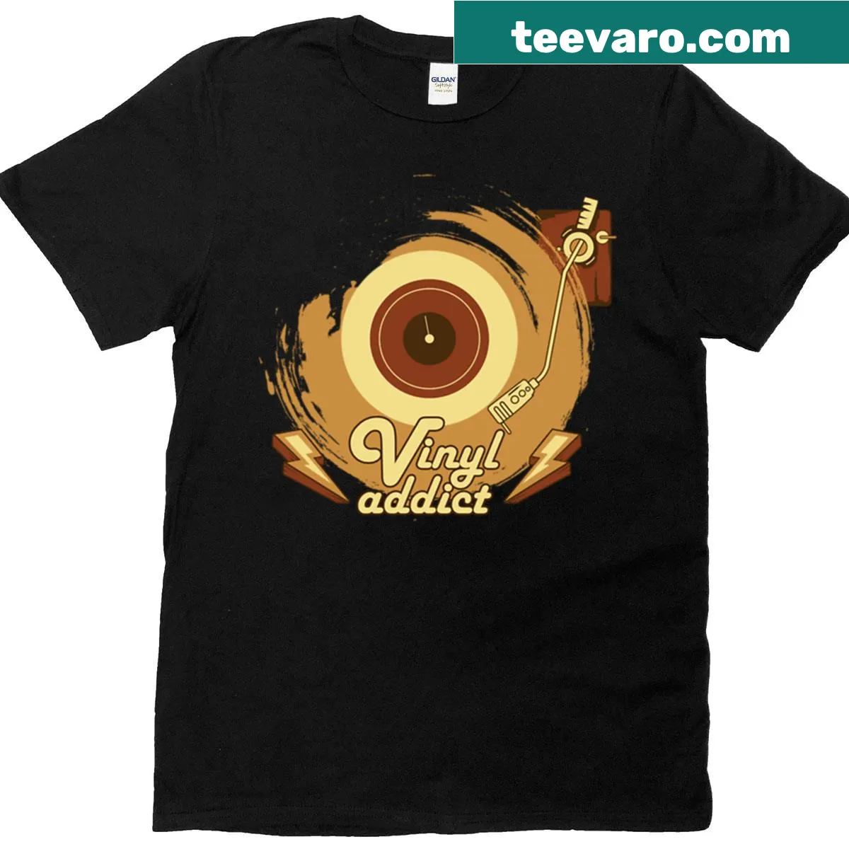 T-shirt with 'Vinyl Addict' printed text — on a men's t-shirt