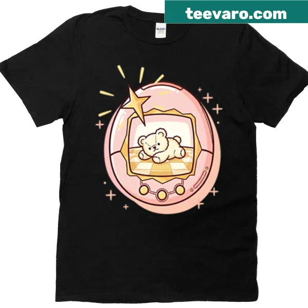 Cartoon Tamagotchi bear graphic on a t-shirt