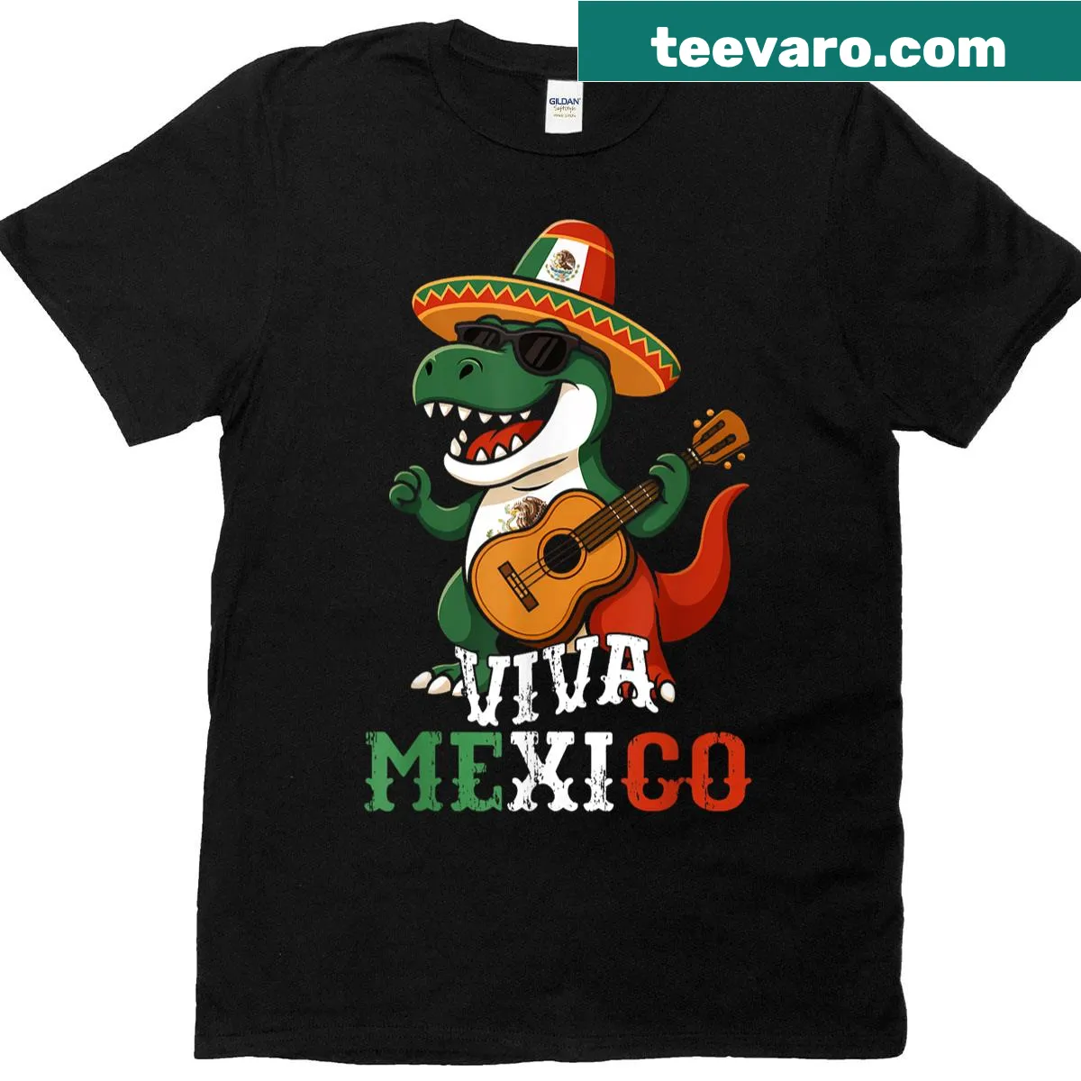 Cartoon T-rex with 'Viva Mexico' text on kids T-shirt — on a men's t-shirt