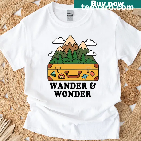 Suitcase and mountains illustration on travel-themed t-shirt