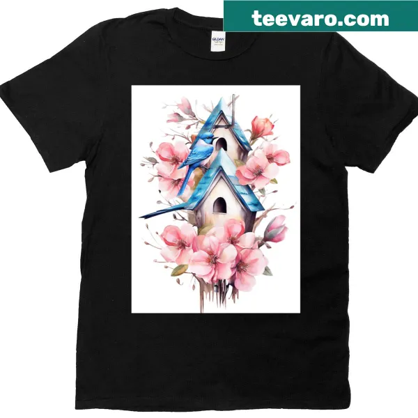 Oversized t-shirt with watercolor bluebird and floral design
