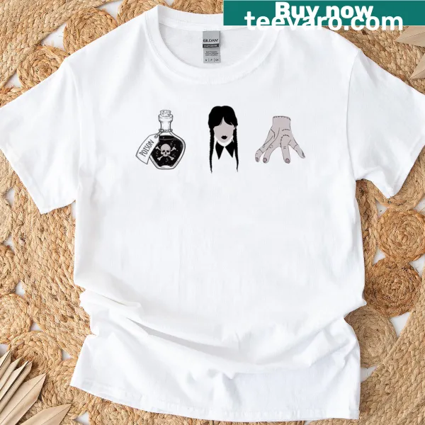 Illustration of Wednesday Addams with braids on a t-shirt