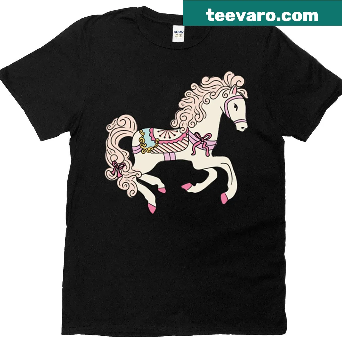 Illustrated carousel horse T-shirt with whimsical design — on a men's t-shirt