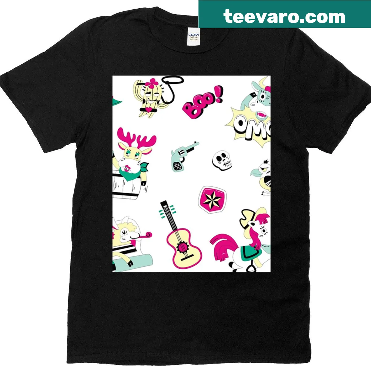 Cartoon graphic T-shirt featuring Wild West characters — on a men's t-shirt