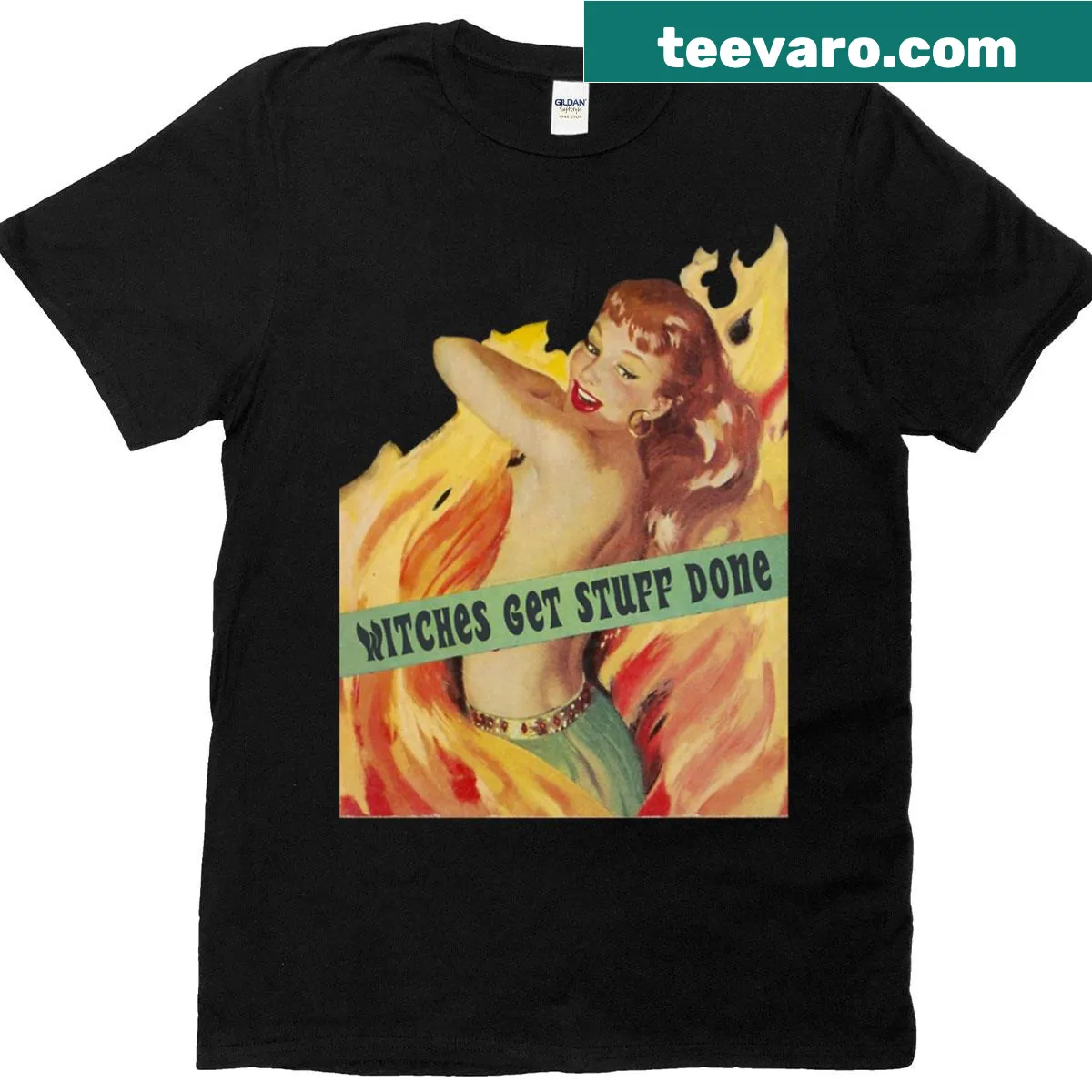 Text graphic Witches Get Stuff Done with whimsical illustrations — on a men's t-shirt