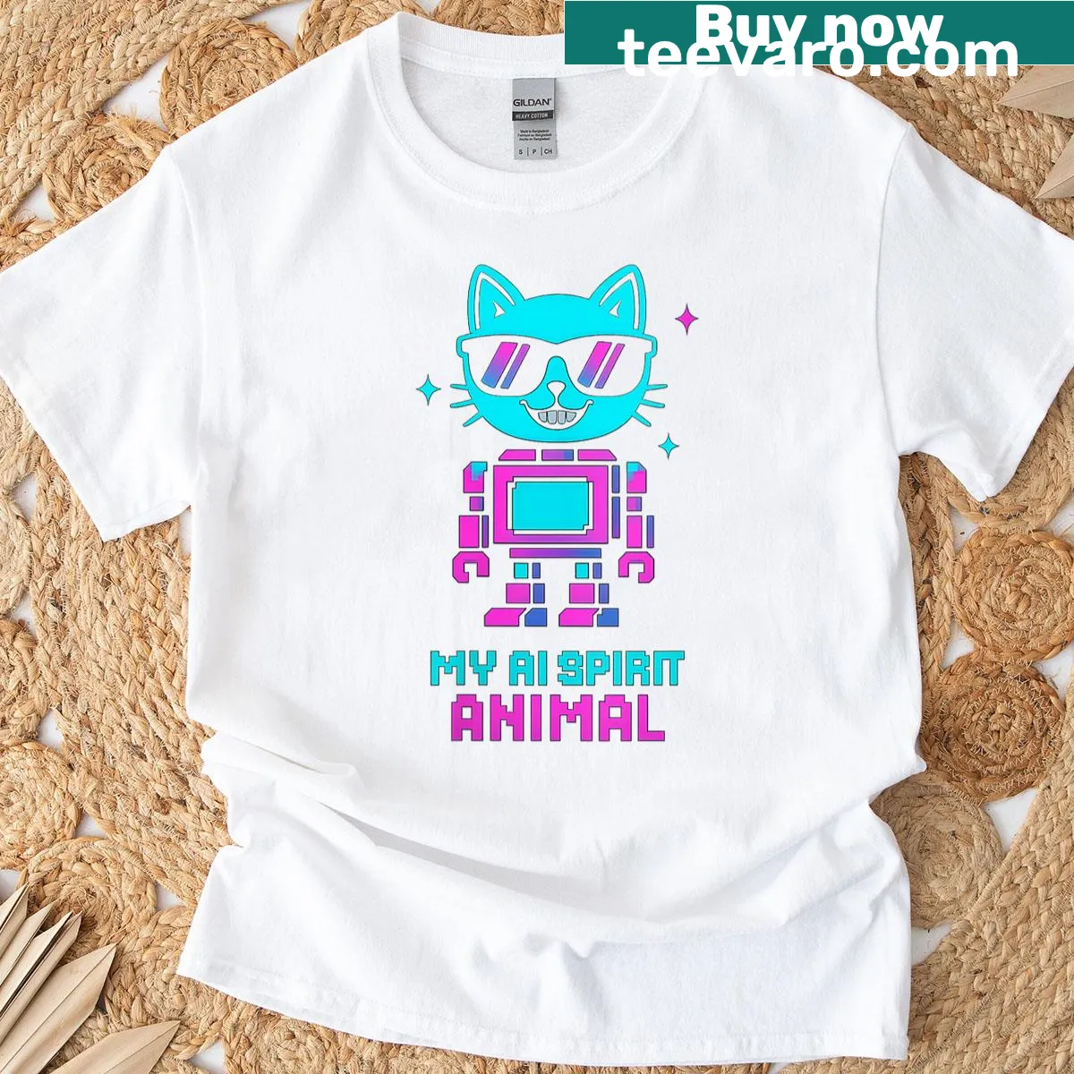 Retro T-shirt featuring a pixel robot cat avatar in a fun design. — on a men's t-shirt