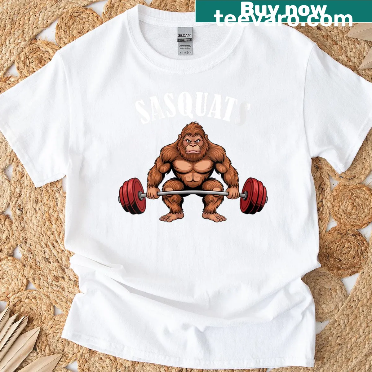 Funny Bigfoot squatting illustration on women's workout t-shirt — on a men's t-shirt
