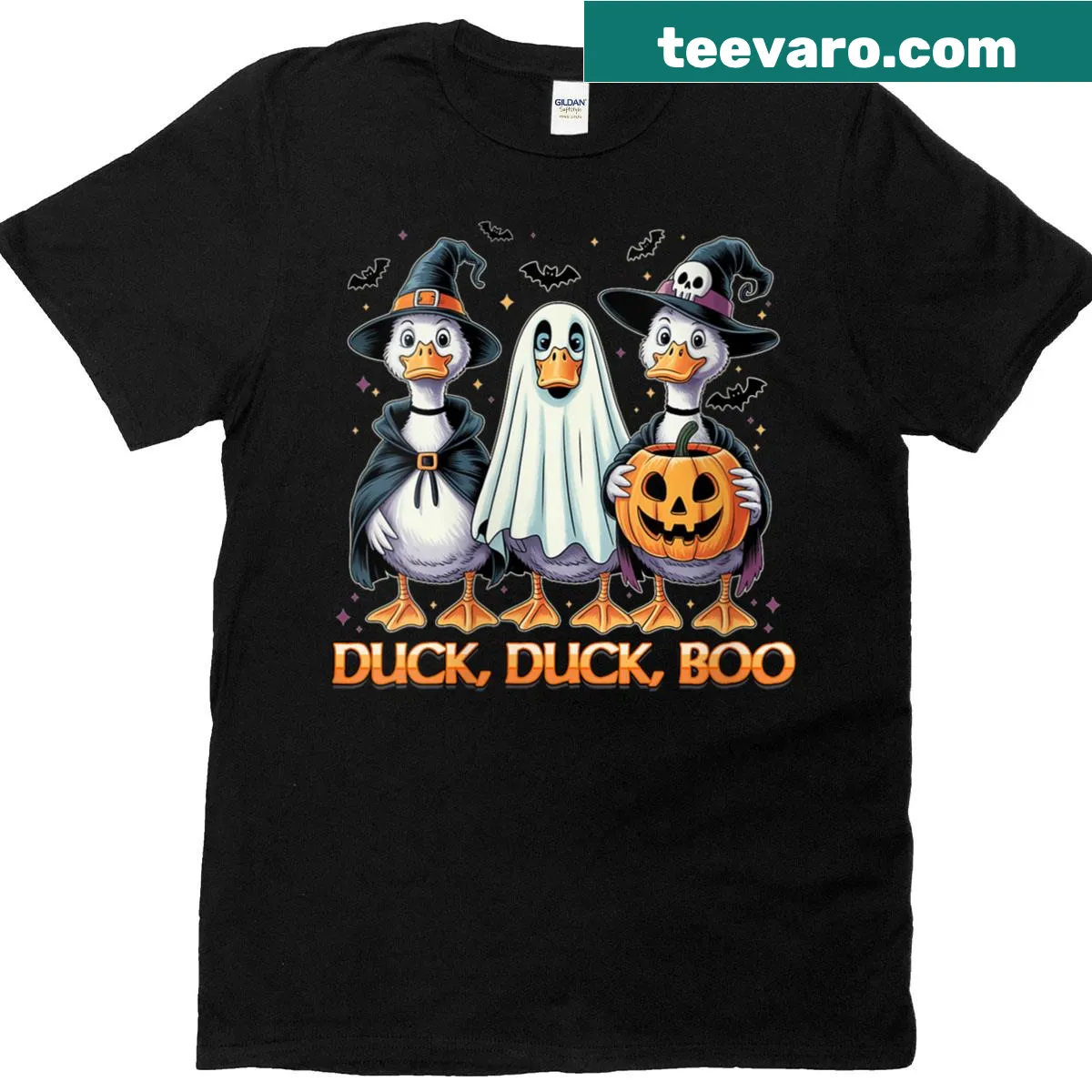 Funny Halloween T-shirt with 'Duck Duck Boo' graphic — on a men's t-shirt