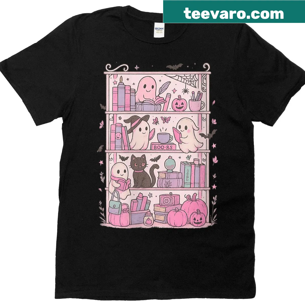 Whimsical Halloween t-shirt with ghost, black cat, and books — on a men's t-shirt