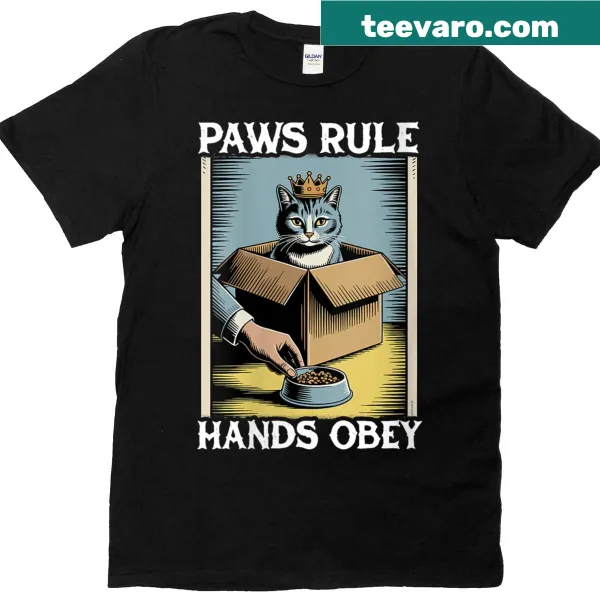 Funny cat T-shirt with an illustration of a cat in a box and humorous text