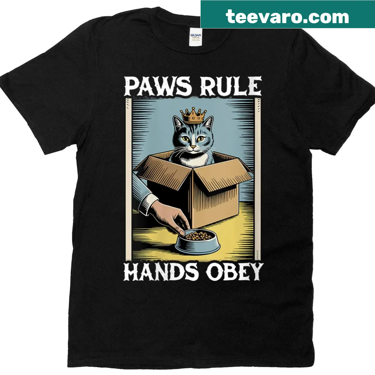 Funny cat T-shirt with an illustration of a cat in a box and humorous text — on a men's t-shirt